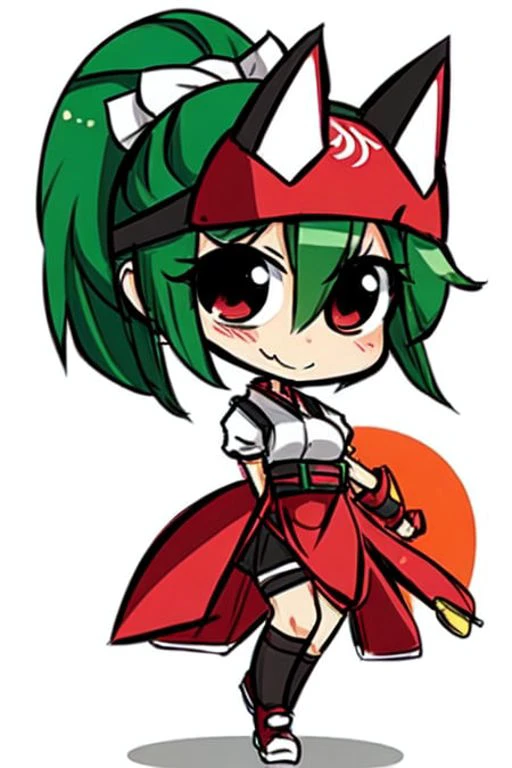 1girl, kiriko, green hair, ponytail, fox mask, half mask,
red skirt, hair between eyes, cute smile,
plain white background, from above, 
<lora:chibiStyle_v1:0.83>, chibi