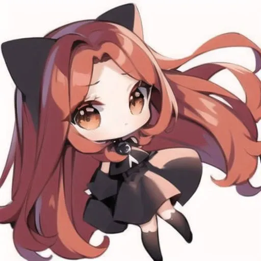 masterpiece, detailed, soft lighting, goth catgirl with long red hair, orange eyes <lora:chibiStyle_v1:1>, chibi, white background, simple background