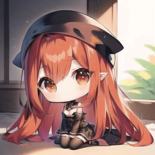 masterpiece, detailed, soft lighting, goth catgirl with long red hair, orange eyes <lora:chibiStyle_v1:1>, chibi