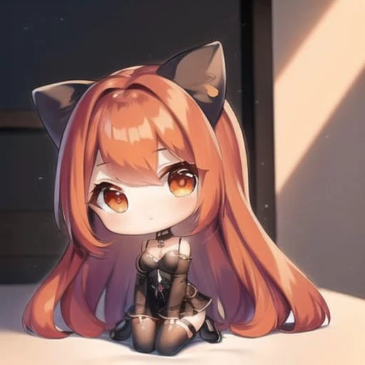 masterpiece, detailed, soft lighting, goth catgirl with long red hair, orange eyes <lora:chibiStyle_v1:1>, chibi