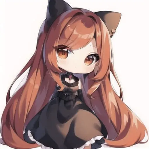 masterpiece, detailed, soft lighting, goth catgirl with long red hair, orange eyes <lora:chibiStyle_v1:1>, chibi, white background, simple background