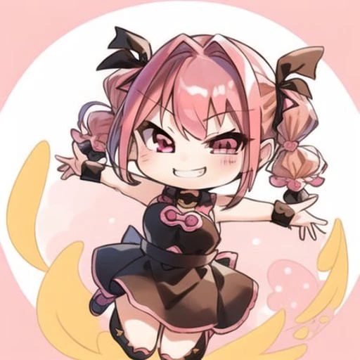 highly detailed, intricately detailed, chibi, icon, full body, (( smirk, ((pink hair,pigtails, smirk)), dungeons and dragons p, dynamic pose, jumping)) <lora:chibiStyle_v1:0.7>