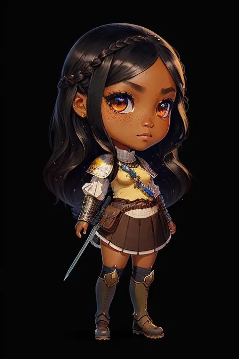 Full body portrait of a young woman, dark skinned, long dark braided hair, freckles, scarred, tabard, vest, rusty plate armor, digital painting detailed face, shot on Canon 5d trending on artstation Pixiv fanbox deviantart artwork by Audrey Kawasaki WLOP Artgerm Craig Mullins Ruan Jia masterpiece, painted by Rembrandt background castle <lora:chibi:1> chibi,