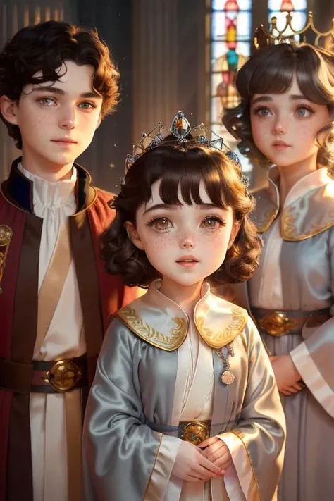 four people, standing side by side in a royal throne room, curved stained glass windows, highest quality, masterpiece, ADDCOMM Young Skandar Keynes, detailed face, Alabaster skin, grey Robe, aquamarine, gold crown, soft lighting ADDCOL William Moseley, golden crown, dark royal robe with crest, Falu Red, soft lighting ADDCOL Anna Popplewell, freckles cheeks, detailed face, expression of admiration, Layered Pixie Cut hair, dark brown hair colour, light blue silk robe, silver crown with gems, soft lighting ADDCOL Young Georgie Henley, bright eyes, detailed face, freckles, expression of admiration, Braided hair, brown hair colour, red sweater with royal crest, smiling, soft lighting <lora:chibi:1> chibi,
