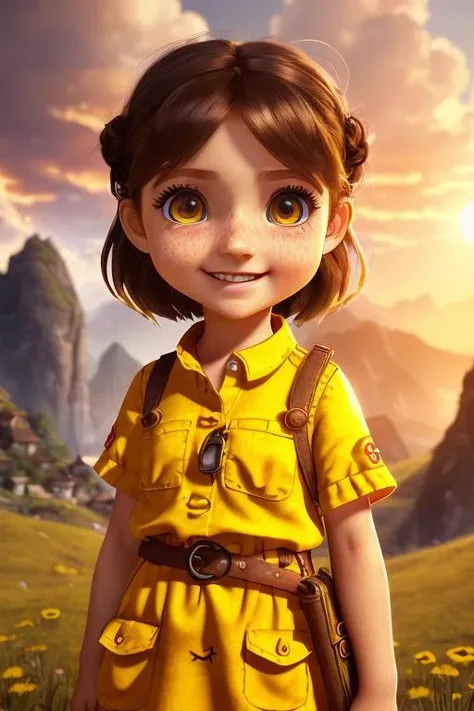 photo of a young child Heidi, short brown hair, brown eyes, mascara, soft detailed face, freckles, smiling, red tunic with yellow sleeves shirt, dress, Switzerland, fantasy art from trending at cgsociety masterpiece creepy 35 mm photograph cinematic dramatic octane render unreal engine volumetric light godrays, <lora:chibi:1> chibi,