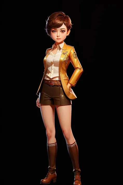 Welsh girl, full body photo, short pixie cut hair, full round face, short smile, Blazer, front view, mid-shot, highly detailed, cinematic wallpaper by stanley artgerm lau <lora:chibi:1> chibi,