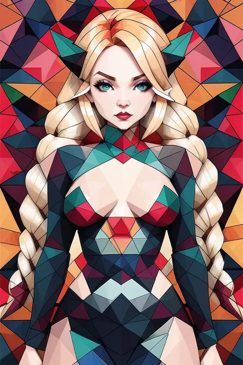 geometric, 1girl, woman, warlock queen, wicked witch, (makeup:1), bombshell hair, vivid blonde hair, Heart Braid, (small breasts:1.5), wide hips, thicc toned perfect hourglass figure,skindentation, japanese<lora:EnvyGeometricXL01:2>