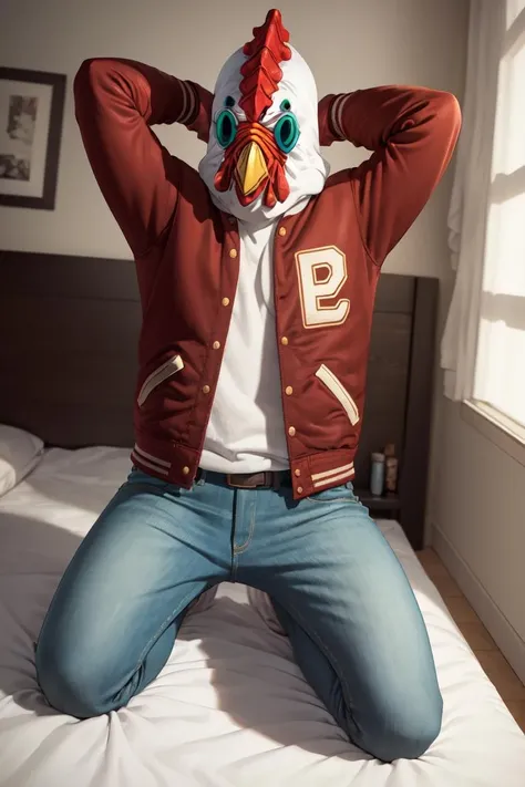masterpiece, best quality, absurdres, 1boy, solo, JacketHotlineMiami, mask, letterman jacket, jeans, open jacket, on bed, seiza, arms behind head, <lora:Jacket-000005:0.9>