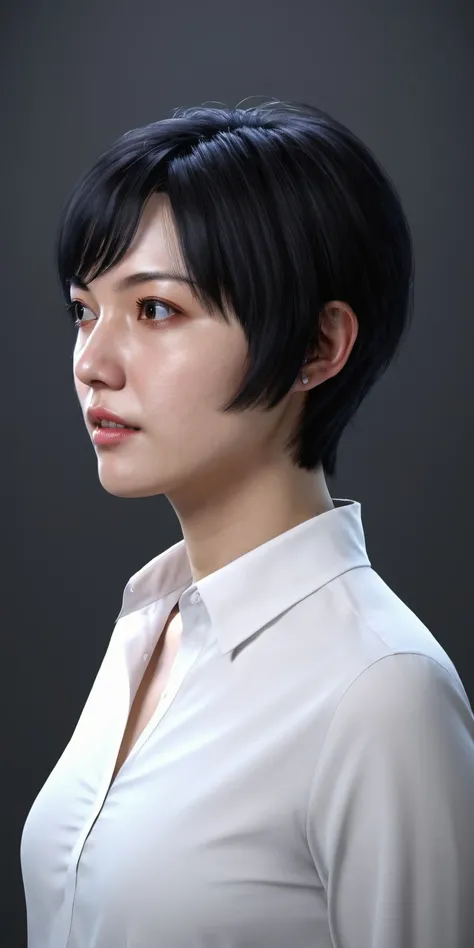 facial image of a woman, black short hair, white shirt , <lora:lora_32-32_render_adamw8bit_constant_2e-5_100ep_fp16_0drop_scaleweight0_minsnr5-2repeats:1>zz artstyle
