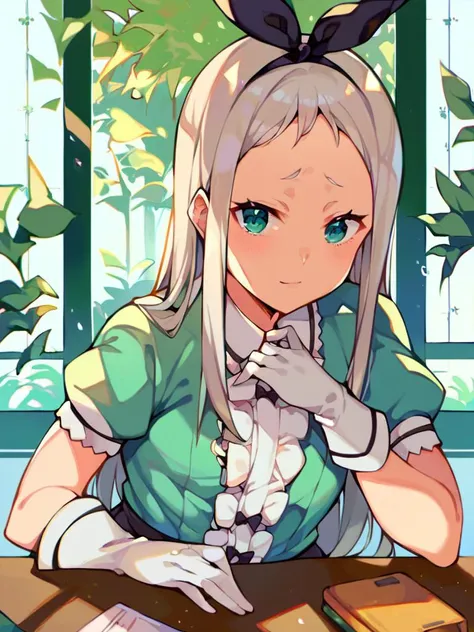 score_9, score_8_up, score_7_up, uncensored, source_anime, <lora:spblendsKanzakiHideriXL:1> hideridef, otoko no ko, hair bow, black hairband, dress, short sleeves, frills, waist apron, frilled apron, skirt, white gloves, white thighhighs, sitting, desk, upper body