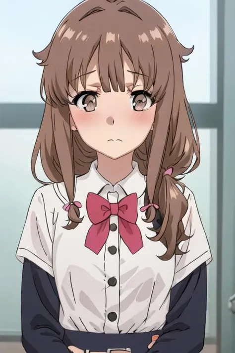 best quality, masterpiece, highres, solo, {azusagawa_kaede_seishunbutayarou:1.15}, brown_hair, brown_eyes, bangs, long_hair, blush, 1girl, closed_mouth, solo_focus, 1boy, pink_shirt, shirt