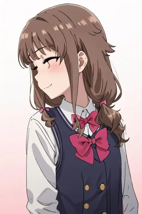 best quality, masterpiece, highres, solo, {azusagawa_kaede_seishunbutayarou:1.15}, brown_hair, brown_eyes, bangs, long_hair, blush, 1girl, bow, brown_background, collared_shirt, from_side, hair_bow, profile, red_bow, school_uniform, shirt, smile, sweater_vest, upper_body, white_shirt, long_sleeves, pink_bow, simple_background, blue_vest, closed_eyes, closed_mouth, gradient, gradient_background, sidelocks