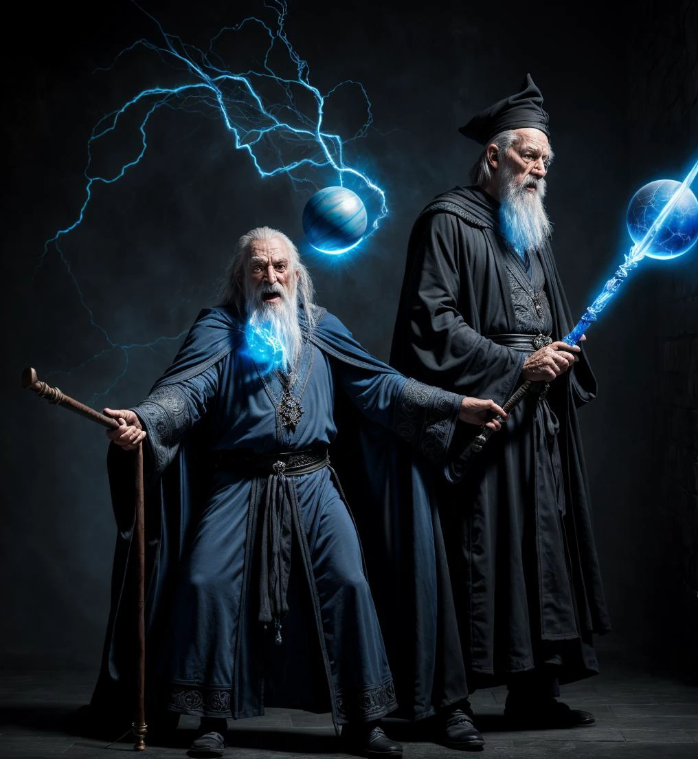 a detailed and realistic image of a old crazy wizard, wielding an blue orb staff, casting thunder spells, wearing black magical robe, HD, masterpiece, best quality, hyper detailed, ultra detailed, realistic blue, realistic, photo, 8k, fantasy