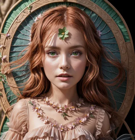 masterpiece, 8k, perfect ligthing, , adult, female, full body shot, looking at viewer, Arm behind back, cinematic lighting, Hair curled at the ends, (dress:1.8), (extra long fairy wings), long wings, green clothes, clothes made from petals, Auburn Hair, (pointy ears), (detailled eyes), green eyes, emerald eyes, shrunken, Looking confused, blush, pixiedust, jungle, flowers, treehouse, night,