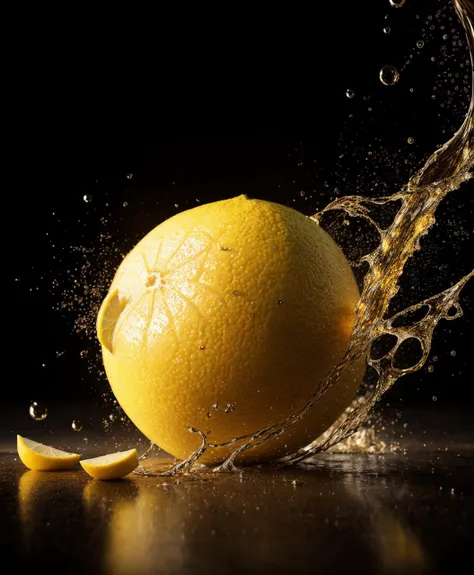 A perfect abstract, photorealistic, Food lemon , LIQUID SPLASH, 3D BEEPLE STYLE, 8 k, 32 k, HDR, realistic, liquid splashes, merging, melting, splashing, droplets, mixing, fading away, exploding, swirling, intricate detail, modelshoot style, dreamlikeart, dramatic lighting. 8k, highly detailed, trending artstation, Slpash, realistic motion effect light effect, photo, 8