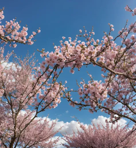 fleurs de cerisier en plein épanouissement, ciel bleu clair, ambiance printanière