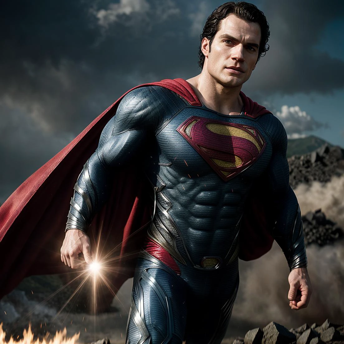 henry cavill, Man of Steel, HD. Photography, cape red long, realistic motion effect light effect, photo, 8