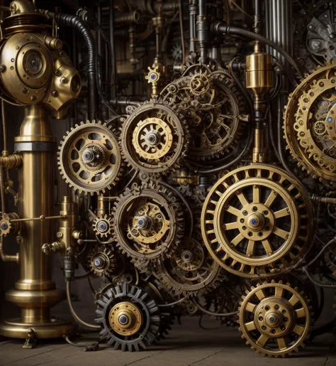 Steampunk robots, cogwheels, brass, vintage technology, detailed texture