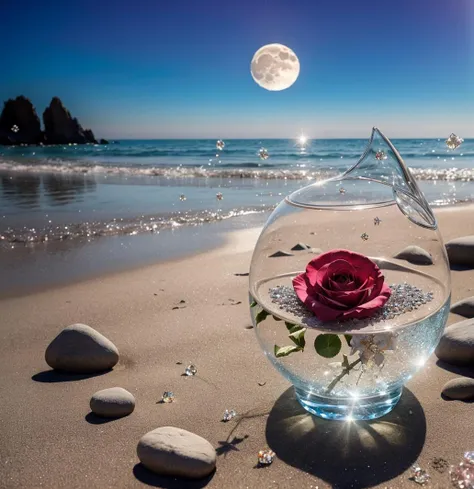 waning moon. flowers roses, stones transparent  and diamond crystal in water, on the beach, fantasy,  smoke , photo, HD, 8K ,