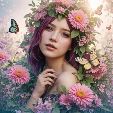 1girl, face beauty, (masterpiece), science fiction, scenery, 1girl, short hair, bangs, pink hair color, butterfly flowers with realistic light effect, photo, 8