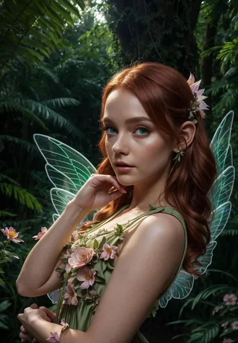 masterpiece, 8k, perfect ligthing, , adult, female, full body shot, looking at viewer, Arm behind back, cinematic lighting, Hair curled at the ends, (dress:1.8), (extra long fairy wings), long wings, green clothes, clothes made from petals, Auburn Hair, (pointy ears), (detailled eyes), green eyes, emerald eyes, shrunken, Looking confused, blush, pixiedust, jungle, flowers, treehouse, night,