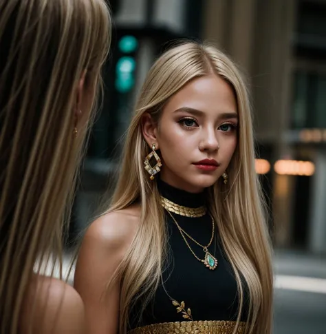 1girl, 3d, artist name, blonde hair, blurry, blurry background, blurry foreground, closed mouth, depth of field, earrings, gem, gold, jewelry, lips, long hair, looking at viewer, mole, motion blur, photo \(medium\), photorealistic, realistic, signature, solo, upper body