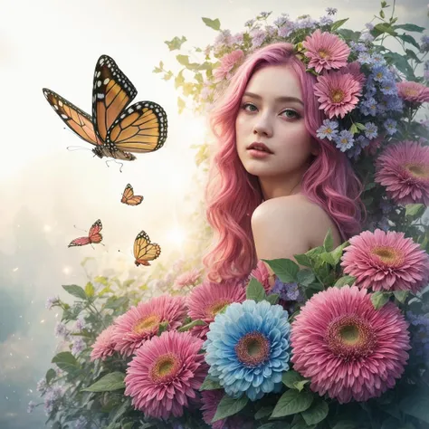 1girl, face beauty, (masterpiece), science fiction, scenery, 1girl, short hair, bangs, pink hair color, butterfly flowers with realistic light effect, photo, 8