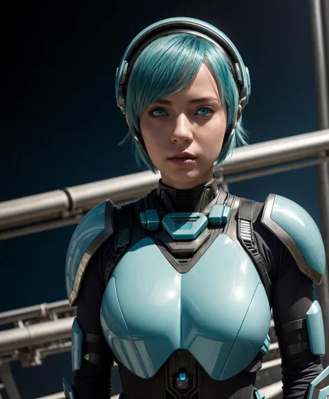 (masterpiece), science fiction, scenery, 1girl, short hair, bangs, aqua hair color, light blue eyes, mecha headgear, sci-fi bodysuits, pants blue