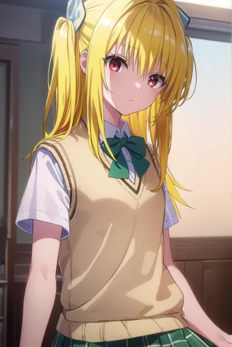 toloveruyami, <lora:yami darkness-lora-nochekaiser:1>,
yami, (yellow hair:1.5), long hair, (red eyes:1.5), (hair ornament:1.2), two side up, (small chest:1.2),
BREAK school uniform, shirt, white shirt, bow, (green bow:1.5), skirt, (green skirt:1.2), pleated skirt, short skirt, sweater, (light brown sweater vest:1.5), short sleeves,
BREAK indoors, classroom,
BREAK looking at viewer, (cowboy shot:1.5),
BREAK <lyco:GoodHands-beta2:1>, (masterpiece:1.2), best quality, high resolution, unity 8k wallpaper, (illustration:0.8), (beautiful detailed eyes:1.6), extremely detailed face, perfect lighting, extremely detailed CG, (perfect hands, perfect anatomy),