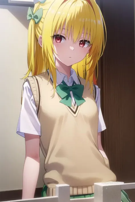 toloveruyami, <lora:yami darkness-lora-nochekaiser:1>,
yami, (yellow hair:1.5), long hair, (red eyes:1.5), (hair ornament:1.2), two side up, (small chest:1.2),
BREAK school uniform, shirt, white shirt, bow, (green bow:1.5), skirt, (green skirt:1.2), pleated skirt, short skirt, sweater, (light brown sweater vest:1.5), short sleeves,
BREAK indoors, classroom,
BREAK looking at viewer, (cowboy shot:1.5),
BREAK <lyco:GoodHands-beta2:1>, (masterpiece:1.2), best quality, high resolution, unity 8k wallpaper, (illustration:0.8), (beautiful detailed eyes:1.6), extremely detailed face, perfect lighting, extremely detailed CG, (perfect hands, perfect anatomy),