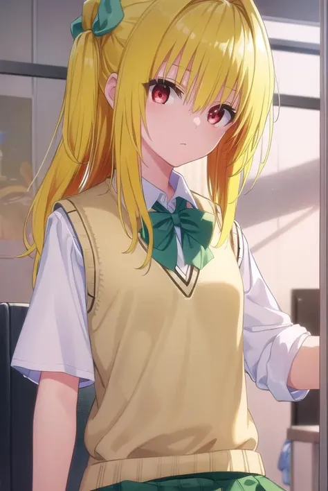 toloveruyami, <lora:yami darkness-lora-nochekaiser:1>,
yami, (yellow hair:1.5), long hair, (red eyes:1.5), (hair ornament:1.2), two side up, (small chest:1.2),
BREAK school uniform, shirt, white shirt, bow, (green bow:1.5), skirt, (green skirt:1.2), pleated skirt, short skirt, sweater, (light brown sweater vest:1.5), short sleeves,
BREAK indoors, classroom,
BREAK looking at viewer, (cowboy shot:1.5),
BREAK <lyco:GoodHands-beta2:1>, (masterpiece:1.2), best quality, high resolution, unity 8k wallpaper, (illustration:0.8), (beautiful detailed eyes:1.6), extremely detailed face, perfect lighting, extremely detailed CG, (perfect hands, perfect anatomy),