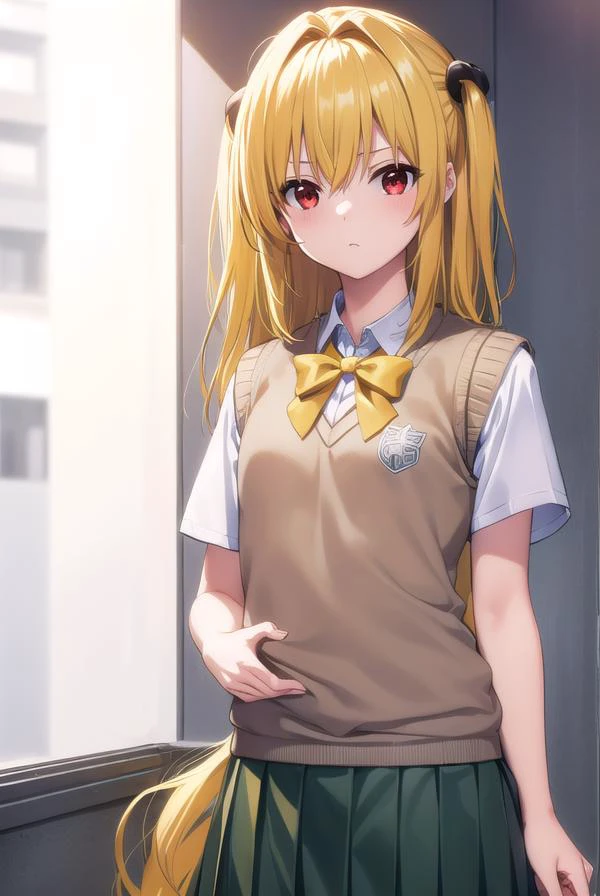 toloveruyami, <lora:toloveruyami-lora-nochekaiser:1>,
yami, (yellow hair:1.5), long hair, (red eyes:1.5), hair ornament, black hair ornament, two side up, (small chest:1.2),
BREAK school uniform, shirt, white shirt, bow, (green bow:1.2), skirt, (green skirt:1.2), pleated skirt, short skirt, sweater, (light brown sweater vest:1.5), short sleeves,
BREAK indoors, classroom,
BREAK looking at viewer, (cowboy shot:1.5),
BREAK <lyco:GoodHands-beta2:1>, (masterpiece:1.2), best quality, high resolution, unity 8k wallpaper, (illustration:0.8), (beautiful detailed eyes:1.6), extremely detailed face, perfect lighting, extremely detailed CG, (perfect hands, perfect anatomy),