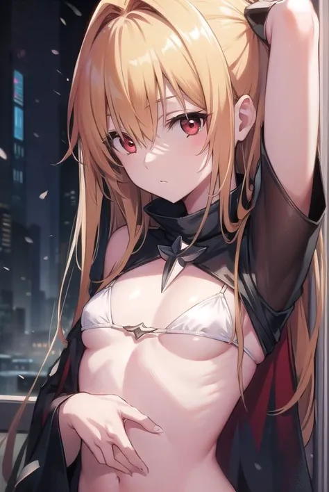 toloveruyami, <lora:yamitest:1>, yami, blonde hair, long hair, (red eyes:1.5), hair ornament, (small chest:1.2),
BREAK bikini,
BREAK outdoors, city,
BREAK looking at viewer, BREAK <lora:GoodHands-vanilla:1>, (masterpiece:1.2), best quality, high resolution, unity 8k wallpaper, (illustration:0.8), (beautiful detailed eyes:1.6), extremely detailed face, perfect lighting, extremely detailed CG, (perfect hands, perfect anatomy),