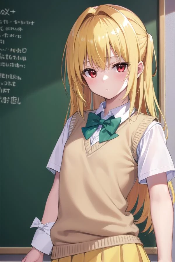 toloveruyami, <lora:toloveruyami-lora-nochekaiser:1>,
yami, (yellow hair:1.5), long hair, (red eyes:1.5), (hair ornament:1.2), two side up, (small chest:1.2),
BREAK school uniform, shirt, white shirt, bow, (green bow:1.5), skirt, (green skirt:1.2), pleated skirt, short skirt, sweater, (light brown sweater vest:1.5), short sleeves,
BREAK indoors, classroom,
BREAK looking at viewer, (cowboy shot:1.5),
BREAK <lyco:GoodHands-beta2:1>, (masterpiece:1.2), best quality, high resolution, unity 8k wallpaper, (illustration:0.8), (beautiful detailed eyes:1.6), extremely detailed face, perfect lighting, extremely detailed CG, (perfect hands, perfect anatomy),