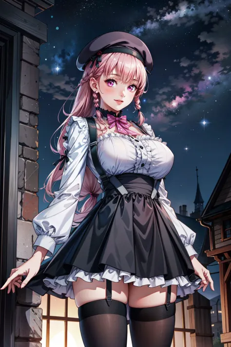 masterpiece, best quality, masterpiece, best quality, official art, extremely detailed CG unity 8k wallpaper, beautiful female, 1girl, (ayla1:1.2), large breasts, thick thighs, standing (straight-on:1.2), pink hair, braided ponytail, long hair, side braid, pink eyes, lingerie, (Sheer Chemise with Cutouts), black thighhighs, light smile, outdoors, night sky, galaxy, starry sky, victorian architecture, detailed background, <lora:aylabrilliance:0.7> <lora:add_detail:0.5>