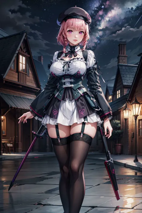 masterpiece, best quality, masterpiece, best quality, official art, extremely detailed CG unity 8k wallpaper, beautiful female, 1girl, (ayla1:1.2), large breasts, thick thighs, standing (straight-on:1.2), pink hair, beret, braided ponytail, long hair, side braid, pink eyes, (Satin and Lace Corset:1.1), black thighhighs, light smile, outdoors, night sky, galaxy, starry sky, victorian architecture, detailed background, <lora:aylabrilliance:0.75> <lora:add_detail:0.5>