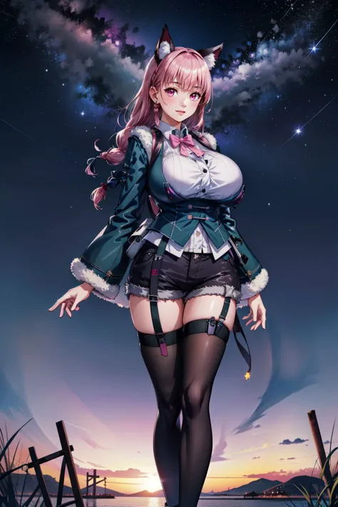 masterpiece, best quality, masterpiece, best quality, official art, extremely detailed CG unity 8k wallpaper, beautiful female, 1girl, ayla1, huge breasts, standing (straight-on:1.2), pink hair, braided ponytail, long hair, side braid, pink eyes, (fur-trimmed jacket, short shorts, thigh strap, star earrings, dog ears), black thighhighs, light smile, outdoors, night sky, galaxy, starry sky, victorian architecture, detailed background, <lora:aylabrilliance:0.8> <lora:add_detail:0.5>