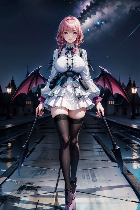 masterpiece, best quality, masterpiece, best quality, official art, extremely detailed CG unity 8k wallpaper, beautiful female, 1girl, ayla1, huge breasts, standing (straight-on:1.2), pink hair, braided ponytail, long hair, side braid, pink eyes, (turquoise sweater, long skirt, bat wings, thighhighs), black thighhighs, light smile, outdoors, night sky, galaxy, starry sky, victorian architecture, detailed background, <lora:aylabrilliance:0.8> <lora:add_detail:0.5>