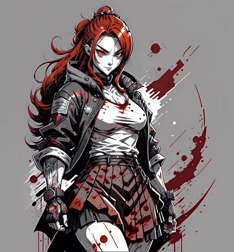 Leonardo Style, illustration, vector art, manga panel, (monochrome, greyscale:1.1), close up, 1girl, (red hair:1.2), long hair, (skirt:1.2), (muscle:1.2), heavy jacket, smirk, blood splatter, <lora:leonardo_style:1>