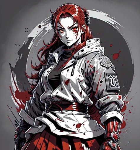 Leonardo Style, illustration, vector art, manga panel, (monochrome, greyscale:1.1), close up, 1girl, (red hair:1.2), long hair, (skirt:1.2), (muscle:1.2), heavy jacket, smirk, blood splatter, <lora:leonardo_style:1>