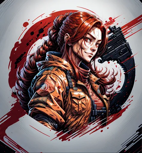 Leonardo Style, illustration, vector art, woman holding gun, (red hair:1.2), long hair, cargo pants, (muscle:1.2), heavy jacket, smirk, blood splatter, <lora:add_detail_no_trigger:1><lora:leonardo_style:1>