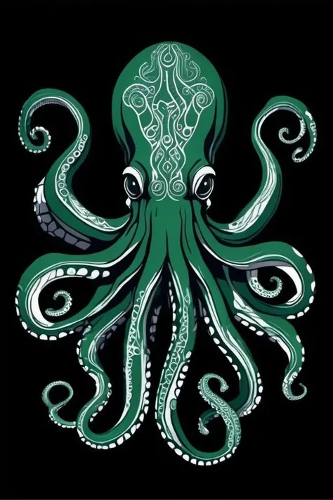 leonardo style, Tribal Spirit animals: tribal art, featuring a intricately detailed spirit animal octopus. intimidating, powerful, mysterious, high contrast, The design incorporates geometric patterns and bold linework to create a striking and powerful composition. Black background, 8k, ready to print illustration of hand drawn octopus, simple vector, black white Dark_green, few colors and many shades, clean sharp lines<lora:leonardo_illustration:1>