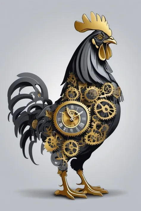 Leonardo Style, illustration, Masterpiece,A chicken made of intricate clock-gear system, black and gold, high_res, grey background, shadow:0.5, white background, Centred vector art,<lora:leonardo_illustration:1>