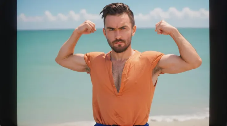 tydms man  n the art style of dbz <lora:tydmsxl:1> at a beach , low shaved beard