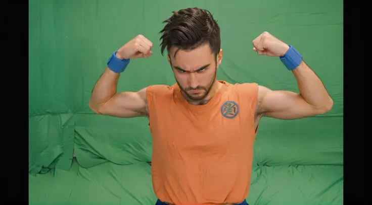 tydms man low shaved beard in the 2d anime art style of dbz <lora:tydmsxl:1>, blue arm bands