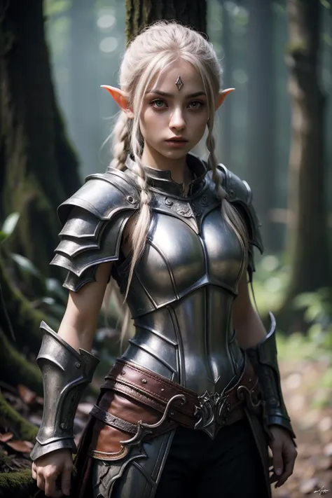 <lora:RPGGnome:1> rpggnome:1.2 pointy ears, 1girl Teased roots in dark green  with amber  eyes  and Hard eyebrows , paladin  wearing steel armor with heraldic tabard  with mailholding shield and sword full body shot, Fairy glade with colorful flowers and twinkling fireflies. in background, realistic:1.2,  masterpeice, ultradetailed, intricate details, perfect quality, ultrashapr, ultradetailed, photorealistic, perfect shadows, profesional lights, realistic, blurry, boekh, masterpiece light works,depth of fiel, ultradetailed character, pefect quality, maximum quality, intricate details, detailed face