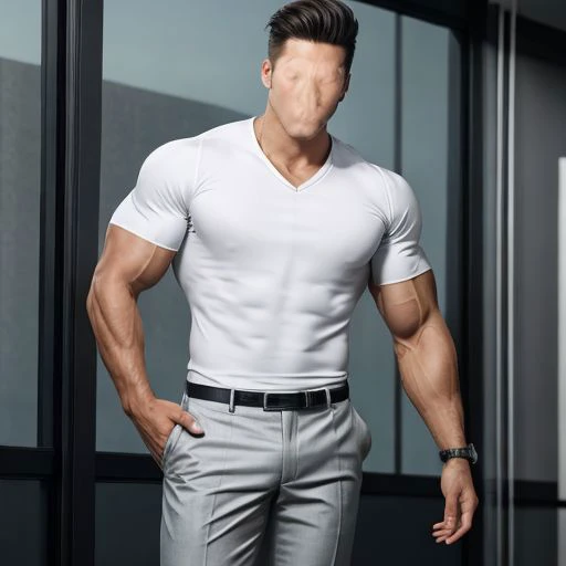 a cool guy wearing a white cotton shirt, grey trousers, muscular, strong, making a cool pose, 6 -pack abs, <lora:eb:2>
