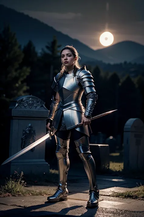 (1man:1.4), human  Caucasian   1man  male with  Sophisticated braided updo  hairstyle and  Fu Manchu mustache  in platinum  with Light blue eyes  eyes  and Uneven eyebrows , guard <lora:RPGGuard:1> wearing intircate stell armor holding Sword full body shot, In a haunted graveyard under a full moon, with spectral figures wandering among the tombstones, in background, realistic:1.2,  masterpeice, ultradetailed, intricate details, perfect quality, ultrashapr, ultradetailed, photorealistic, perfect shadows, profesional lights, realistic, blurry, boekh, masterpiece light works,depth of fiel, ultradetailed character, pefect quality, maximum quality, intricate details, detailed face,