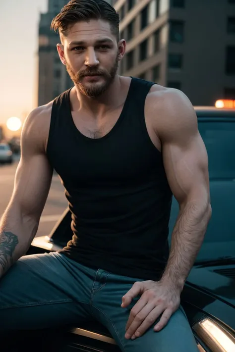 a portrait of handsome messy hair Tom Hardy man with short trimmed pointed beard, smiling, wearing a tanktop, slim pants, sitting on a car hood in the city streets, sunset, perfect eyes, perfect hands, ultra detailed skin BREAK best quality, deep shadows,  8k, dslr, Kodak ektar 100, Fujifilm XT3, F4, 1/800s, ISO 100, RAW