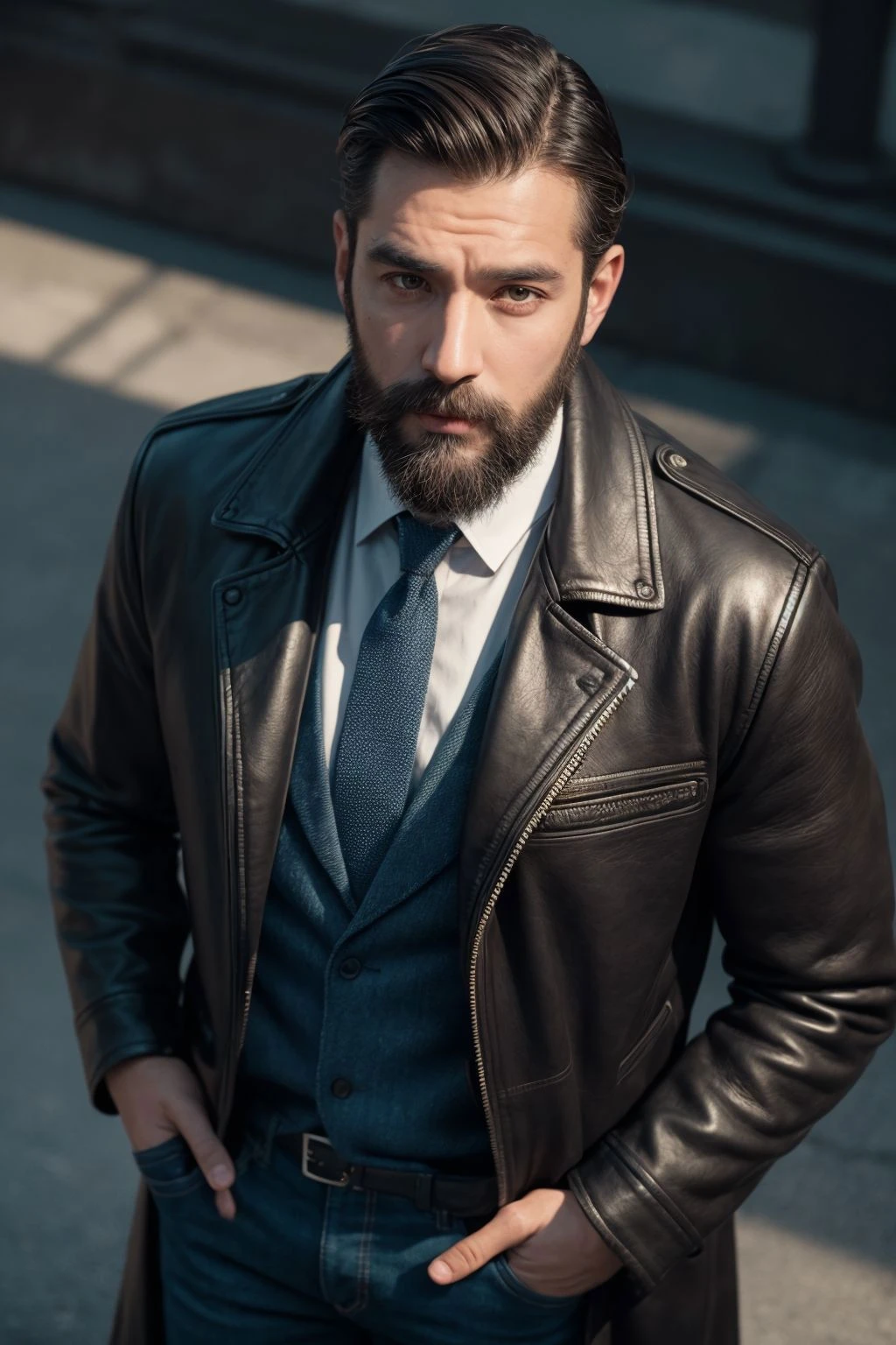 a portrait of handsome thoughtful (man) with grown beard, pipe on the mouth, wearing a long leather coat, tie, denim pants, heroicly standing in the city streets, goldenhour, perfect eyes, perfect hands, ultra detailed skin BREAK best quality, from above, deep shadows, 8k, dslr, Kodak ektar 100, Fujifilm XT3, F4, 1/800s, ISO 100, RAW